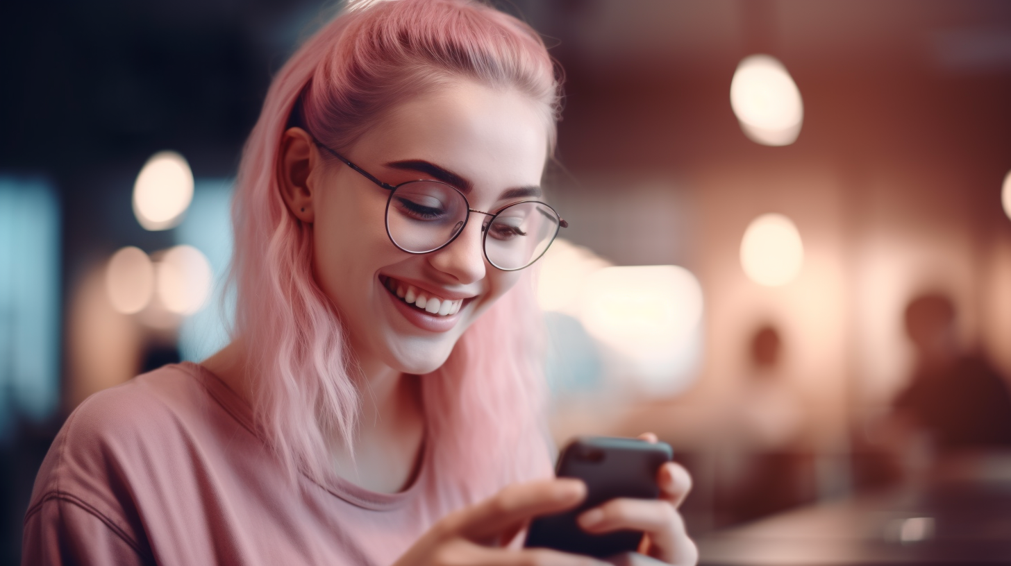 スマホを見て微笑む女性